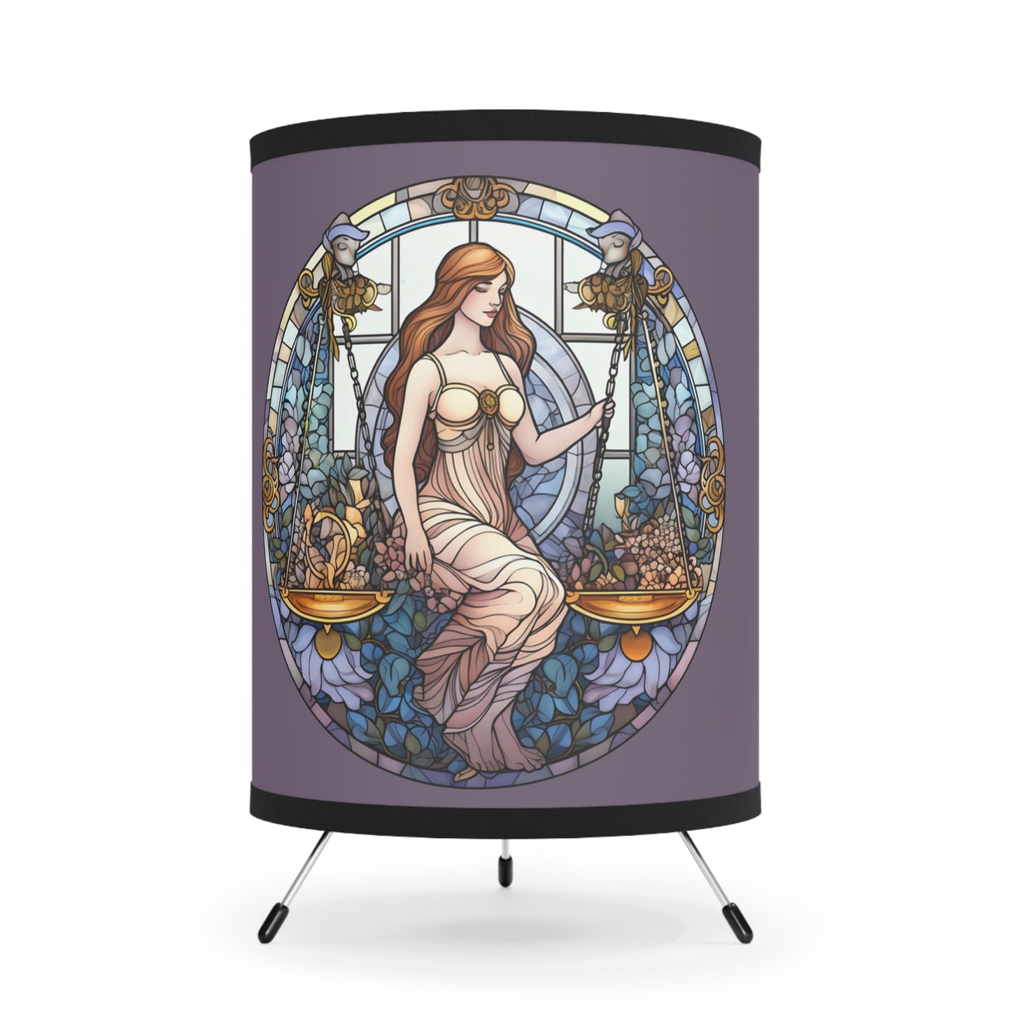 Libra Stained Glass Illustration Tripod Lamp with Printed Shade, US\CA plug