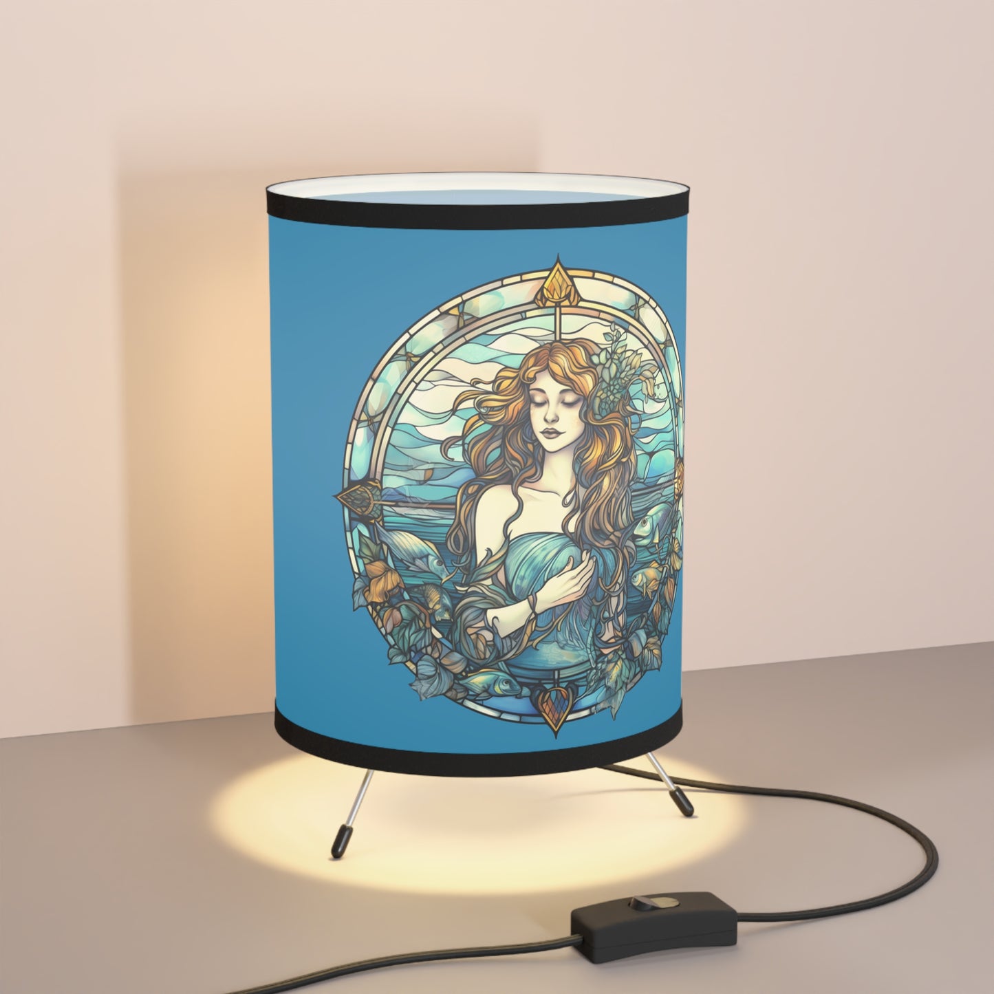 Pisces Stained Glass Illustration Tripod Lamp with Printed Shade, US\CA plug