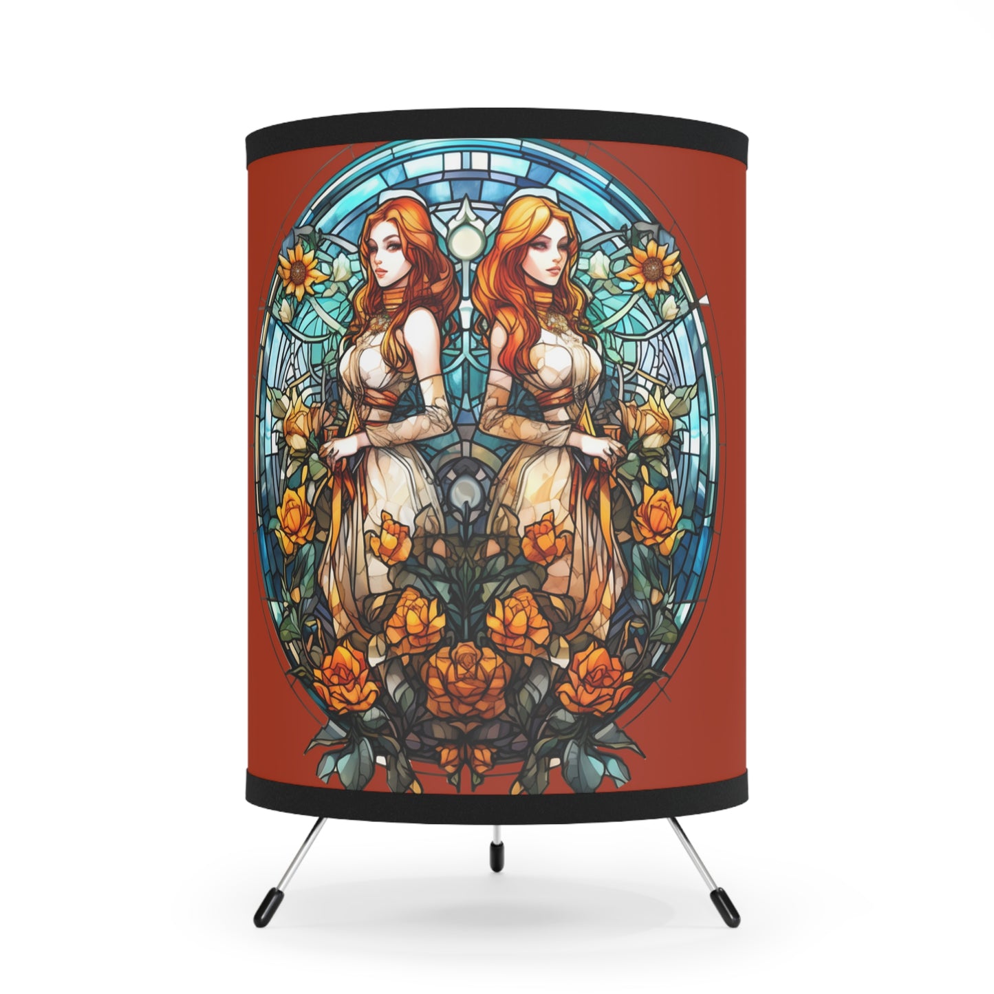 Gemini Stained Glass Illustration Tripod Lamp with Printed Shade, US\CA plug