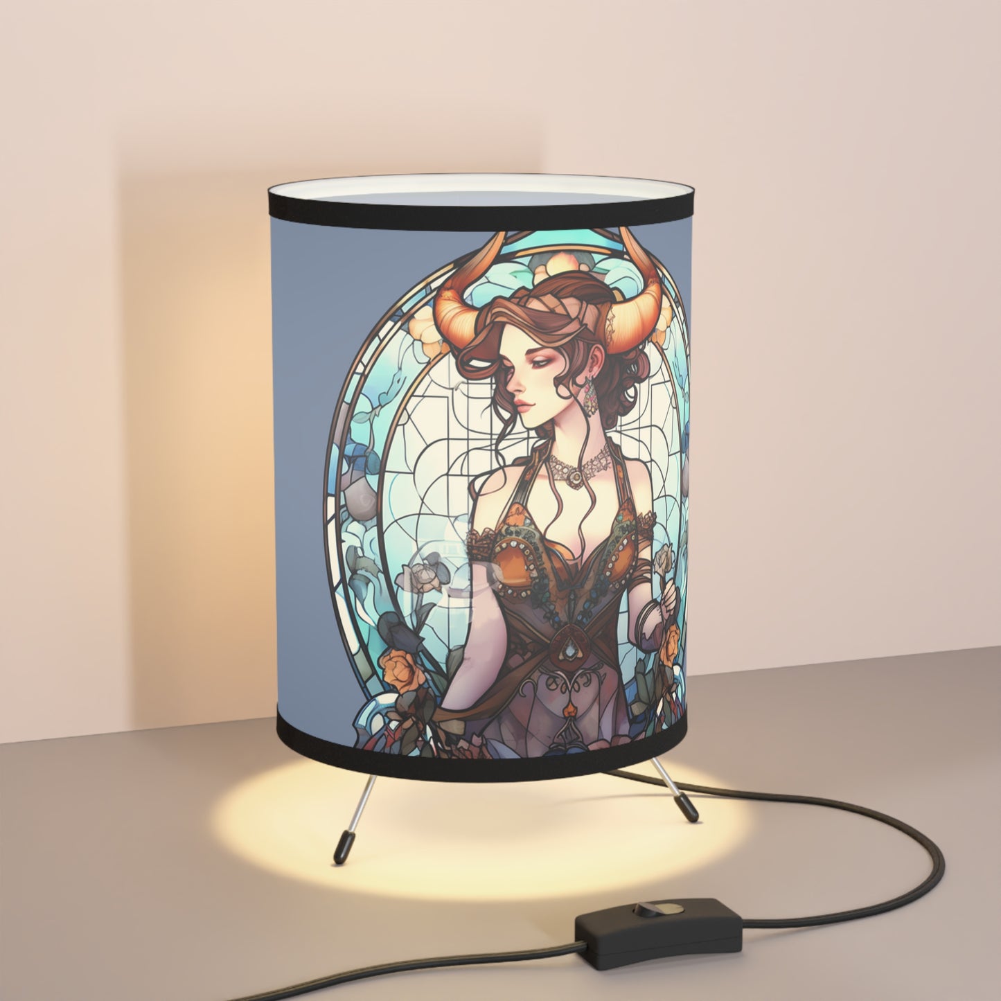 Taurus Stained Glass Illustration Tripod Lamp with Printed Shade, US\CA plug