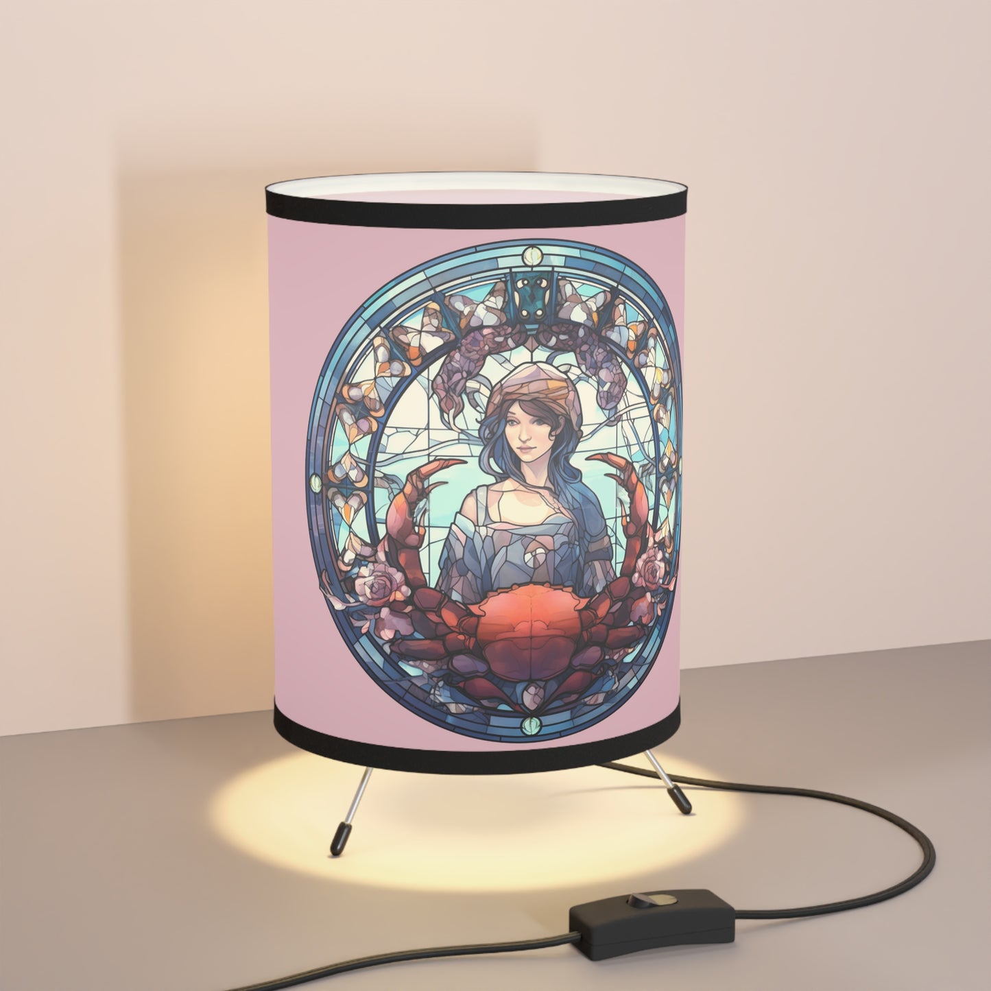 Cancer Stained Glass Illustration Tripod Lamp with Printed Shade, US\CA plug