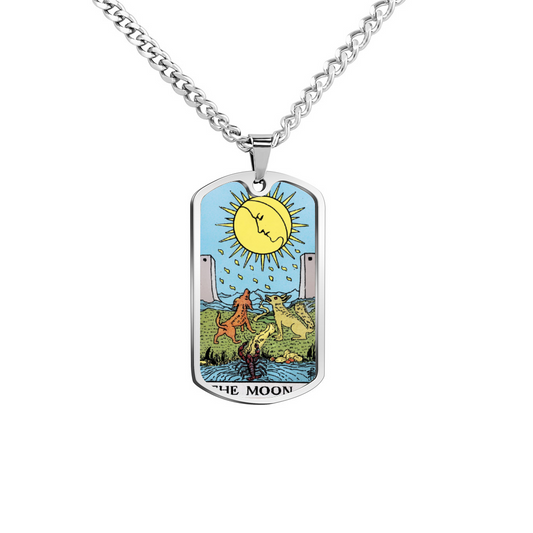 The Moon Tarot Card Double Sided Print Rectangular Pendant and Necklace