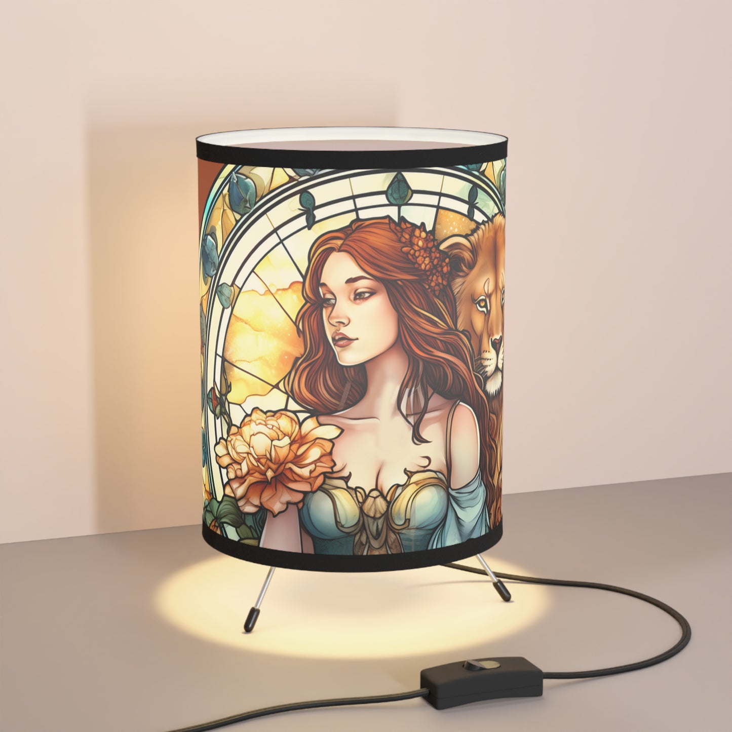 Leo Stained Glass Illustration Printed Shade Tripod Lamp, US\CA plug