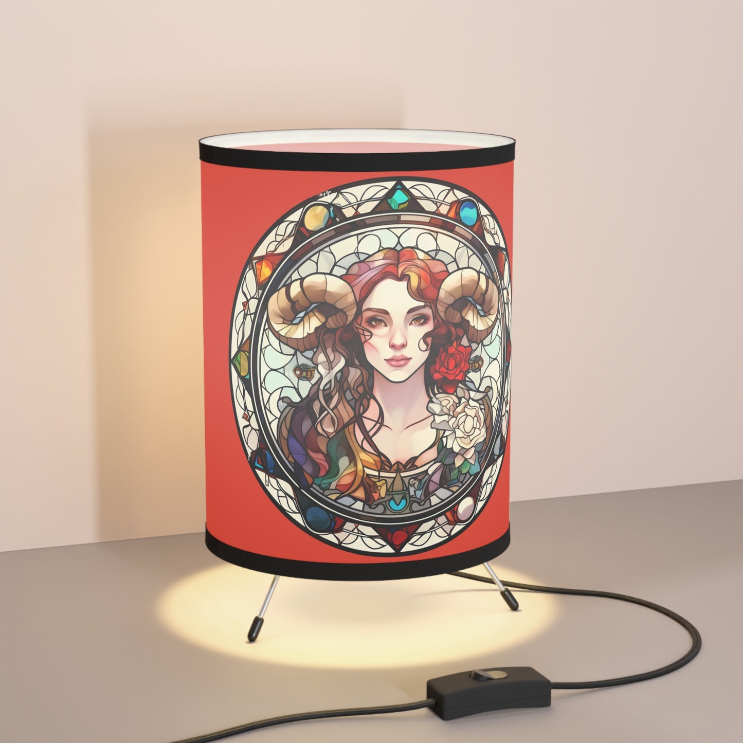 Aries Stained Glass Illustration Tripod Lamp with Printed Shade, US\CA plug